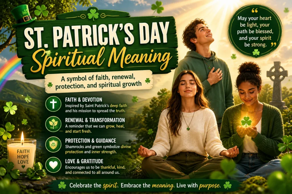 St. Patrick’s Day spiritual meaning image with people, shamrocks, and glowing light symbolizing faith, renewal, protection, and spiritual growth