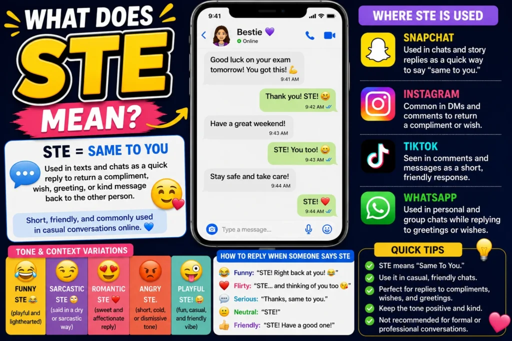 Illustration explaining the meaning of STE in texting and social media, showing a smartphone chat conversation where STE stands for “Same To You,” along with examples of its use on Snapchat, Instagram, TikTok, and WhatsApp, plus common tone variations and reply examples.