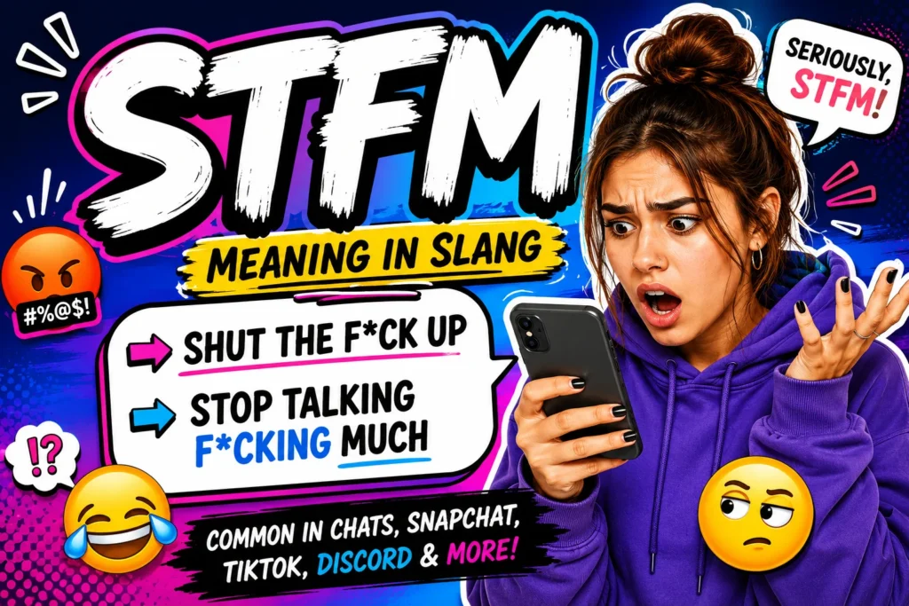 “Colorful featured image for ‘STFM meaning slang’ showing a confused young person looking at chat messages on a smartphone, with bold STFM text and playful social media-style icons representing texting slang and online conversations.”