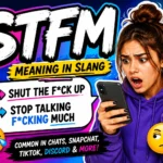 “Colorful featured image for ‘STFM meaning slang’ showing a confused young person looking at chat messages on a smartphone, with bold STFM text and playful social media-style icons representing texting slang and online conversations.”