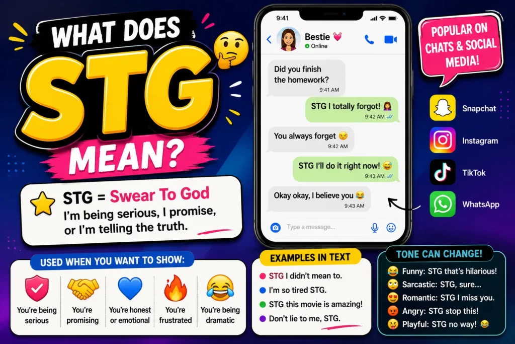 Clean featured image for a blog post about “STG meaning” in slang, showing a modern smartphone chat screen with the acronym STG highlighted and simple visual elements representing texting, social media, and online conversations in a tidy blue-and-purple design.