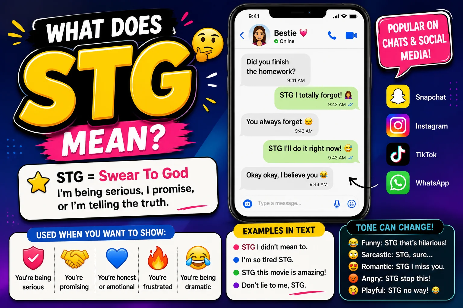 Clean featured image for a blog post about “STG meaning” in slang, showing a modern smartphone chat screen with the acronym STG highlighted and simple visual elements representing texting, social media, and online conversations in a tidy blue-and-purple design.