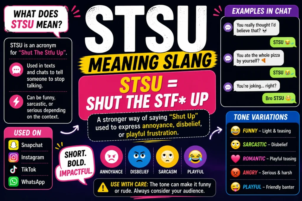 TSU meaning slang infographic showing “STSU = Shut The STFU Up” with bold text, chat examples, tone variations, and platform usage icons.