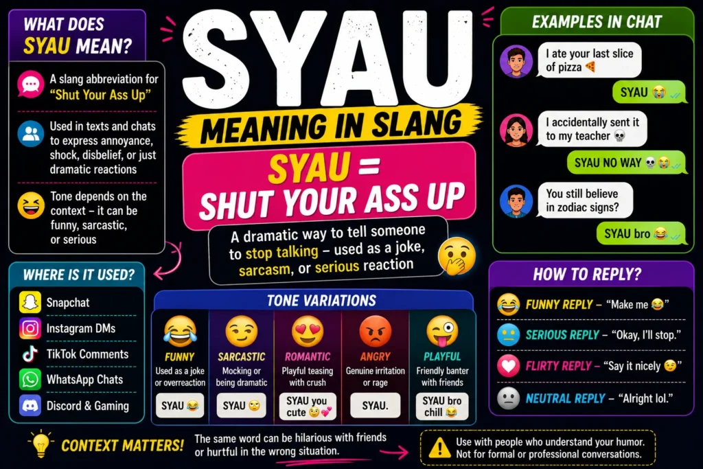 Colorful infographic explaining SYAU meaning in slang, showing “Shut Your Ass Up” definition, texting examples, tone variations, and social media chat usage.