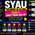 Colorful infographic explaining SYAU meaning in slang, showing “Shut Your Ass Up” definition, texting examples, tone variations, and social media chat usage.