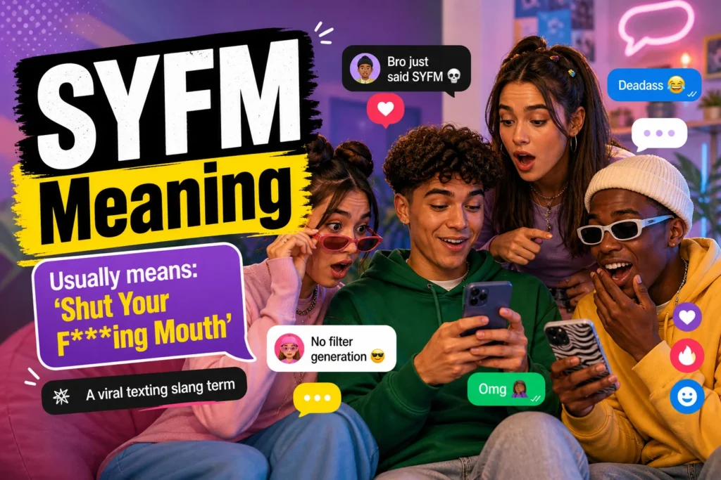 Gen Z friends reacting to a phone message explaining SYFM meaning as a viral texting slang term.
