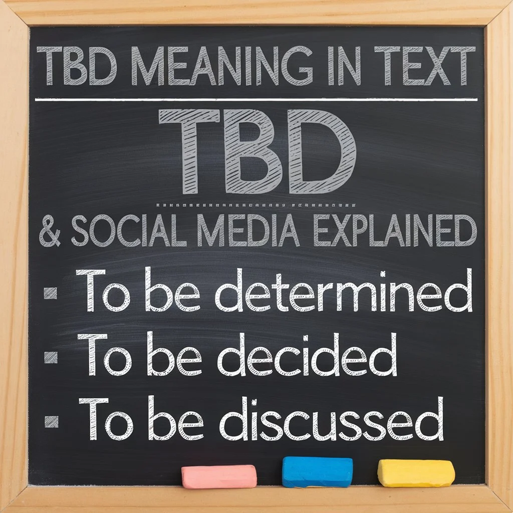 “A black chalkboard with the heading ‘TBD Meaning in Text’ explaining that TBD stands for ‘To be determined,’ ‘To be decided,’ and ‘To be discussed,’ with colored chalk pieces at the bottom.”