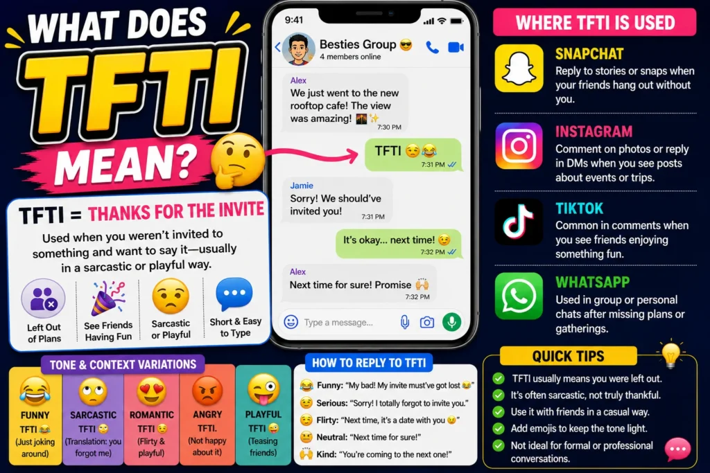Smiling young friends chatting on smartphones while planning a social event, with a bold “TFTI Meaning” title and colorful messaging icons in the background, illustrating the popular texting slang “Thanks For The Invite” used in online conversations and social media.