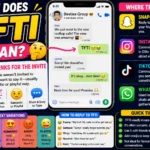 Smiling young friends chatting on smartphones while planning a social event, with a bold “TFTI Meaning” title and colorful messaging icons in the background, illustrating the popular texting slang “Thanks For The Invite” used in online conversations and social media.