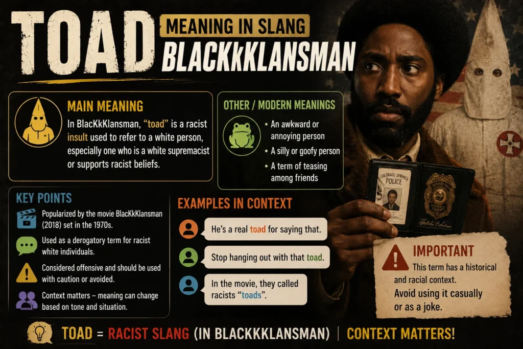 Illustration showing “Toad Meaning Slang Blackkklansman” with the slang term “TOAD” and its meanings displayed in colorful chat bubbles in a modern texting-style design.