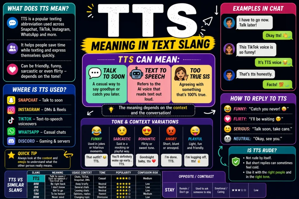 TTS meaning in text slang infographic showing “Talk To Soon,” “Text To Speech,” and “Too True Sis” with colorful chat examples, social media icons, and texting slang explanations.