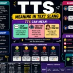 TTS meaning in text slang infographic showing “Talk To Soon,” “Text To Speech,” and “Too True Sis” with colorful chat examples, social media icons, and texting slang explanations.
