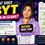 Colorful featured image explaining the BYT slang meaning with a confused young woman, smartphone chat examples, and bold text showing “BYT = Before Your Time” for TikTok, Snapchat, texting, and social media conversations.