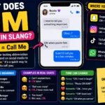 Colorful infographic explaining “CM” slang meaning as “Call Me” with smartphone chat examples, social media platform icons, texting abbreviations, and casual online conversation themes.