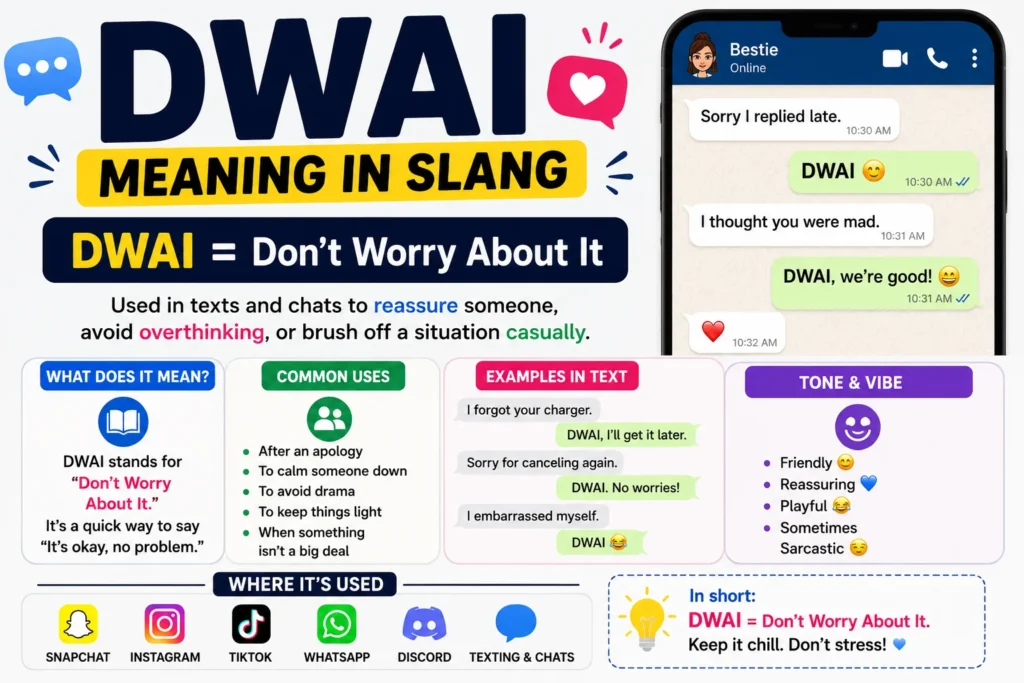 Minimalist featured image for “DWAI Meaning Slang” showing the acronym “DWAI” with clean text bubbles explaining its texting slang meanings, alongside expressive human reactions representing confusion, sarcasm, and casual online conversation.