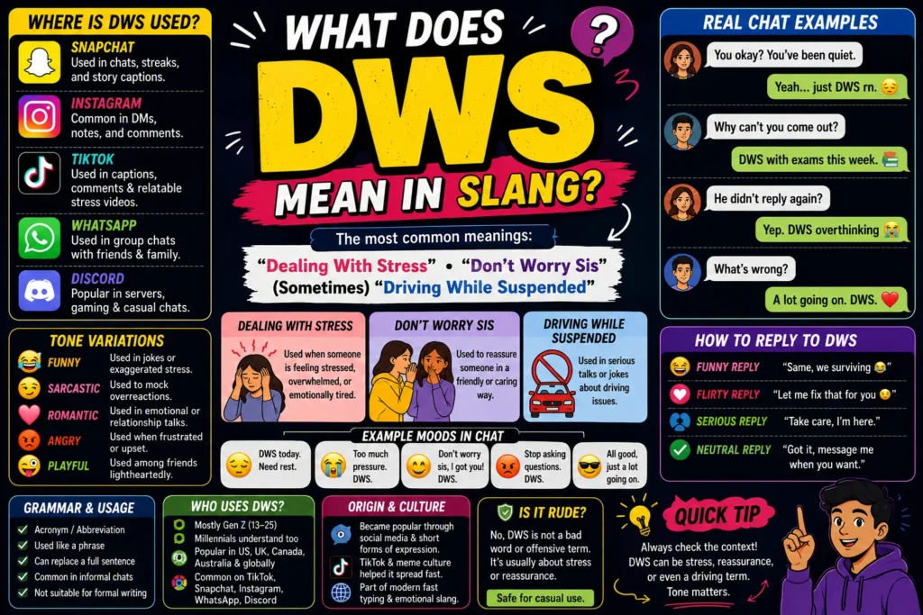 Colorful infographic explaining “What Does DWS Mean in Slang?” with texting examples, social media icons, slang meanings, tone variations, and modern chat-style visuals.