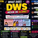 Colorful infographic explaining “What Does DWS Mean in Slang?” with texting examples, social media icons, slang meanings, tone variations, and modern chat-style visuals.