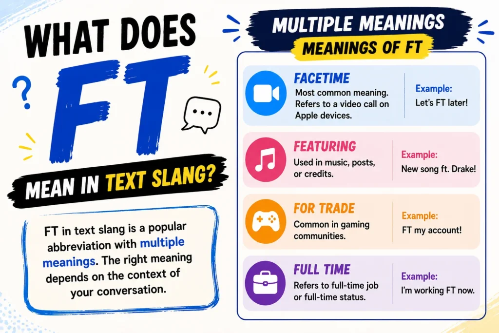 Colorful infographic explaining “What Does FT Mean in Text Slang” with multiple meanings of FT including FaceTime, Featuring, For Trade, and Full Time with example text conversations.
