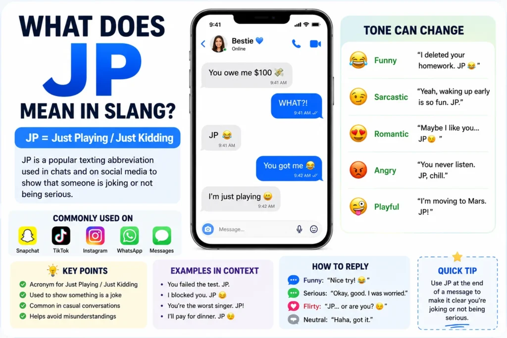 featured image for “What Does JP Mean in Slang?” showing large bold “JP” text with modern chat bubbles, smartphone messaging icons, and a simple social media style background representing texting slang and online conversations.
