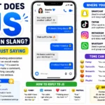 Infographic explaining “JS” slang meaning “just saying” with a smartphone chat example, social media platform icons, tone variations, and reply examples for texting and online conversations.