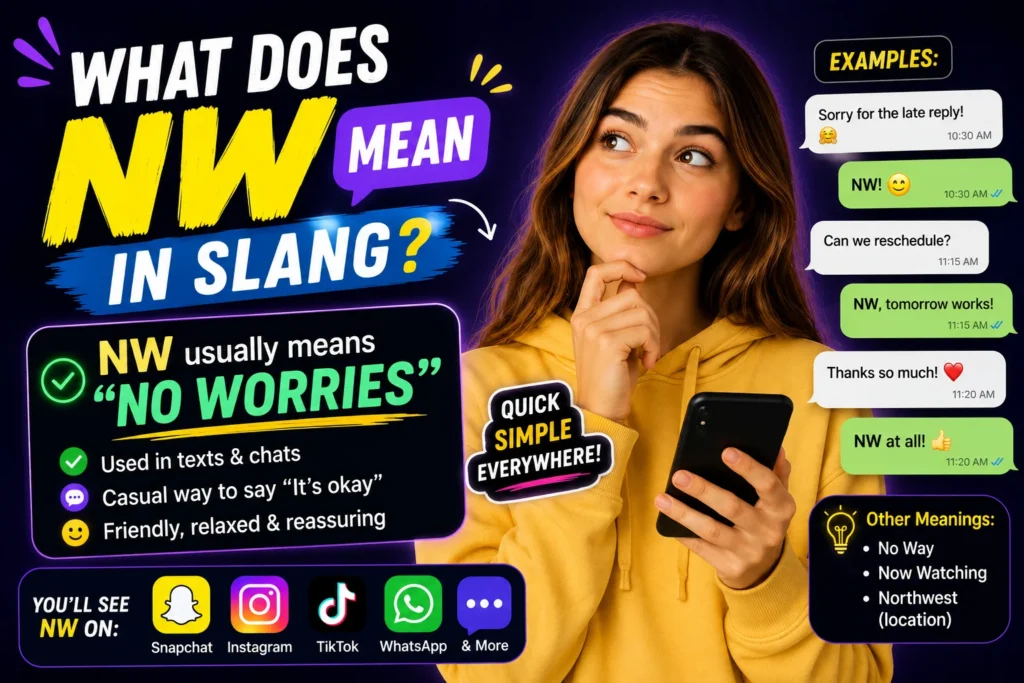 Bright infographic-style featured image explaining “What Does NW Mean in Slang?” with a young woman holding a smartphone, colorful chat bubbles, social media icons, and text showing that NW usually means “No Worries” along with other meanings like “No Way” and “Now Watching.”