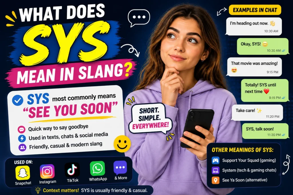 Bright colorful featured image explaining “What Does SYS Mean in Slang?” with large SYS text, a young woman holding a smartphone, chat bubbles showing texting examples, and visual highlights of the meaning “See You Soon” for social media and texting conversations.