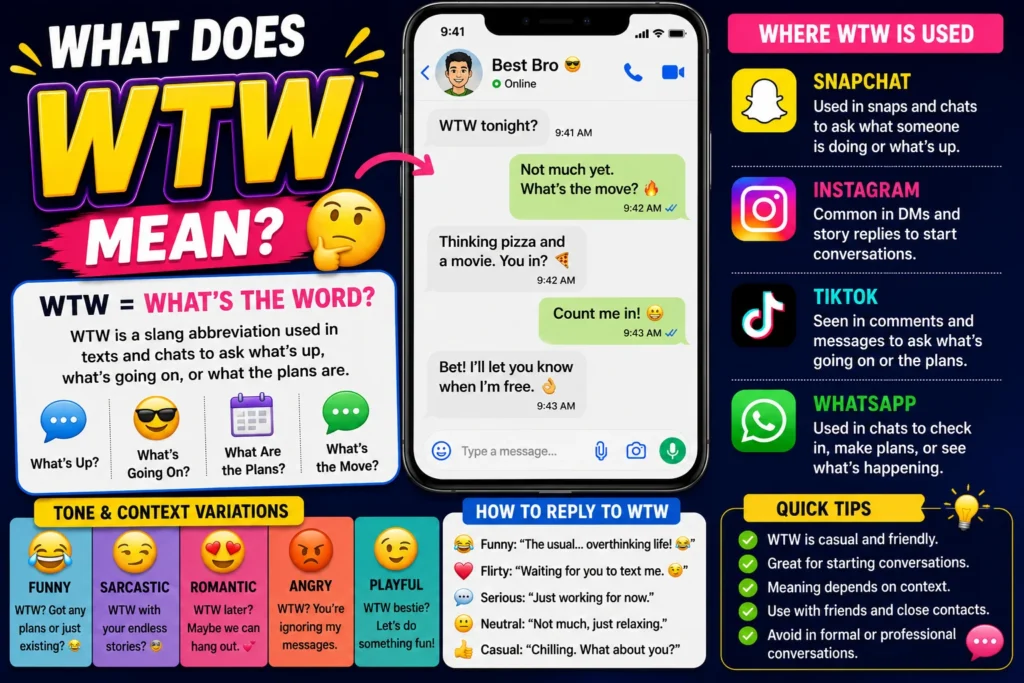 Colorful featured image explaining the slang term “WTW” (What’s the Word?) with a large WTW title, smartphone chat conversation example, social media icons, and visual elements showing how the abbreviation is used in texting, Snapchat, Instagram, TikTok, and WhatsApp to ask what’s happening, what’s up, or what the plans are.
