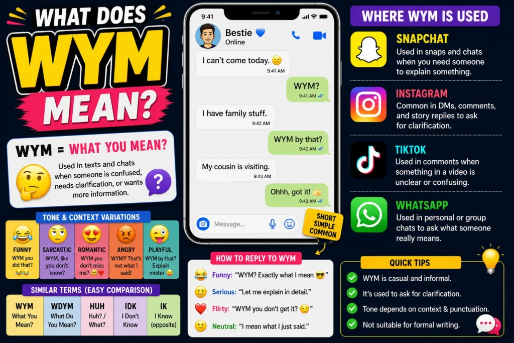 Colorful featured image explaining the meaning of WYM (What You Mean?) in texting and social media. The design shows a smartphone chat conversation using “WYM?”, along with icons for Snapchat, Instagram, TikTok, and WhatsApp. Visual sections highlight WYM’s meaning, common usage, tone variations, reply examples, and related slang terms in a bright, modern infographic style.