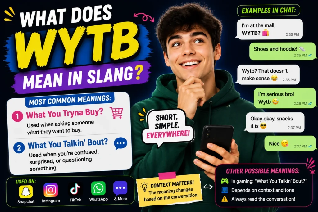 Featured image for a blog post about “What Does WYTB Mean in Slang?” showing a different modern human character looking at text messages on a smartphone with confused and curious expressions. The image highlights the slang term “WYTB” and its common meanings in texting, Snapchat, TikTok, Instagram, and online chat conversations with a clean, colorful social media style design.