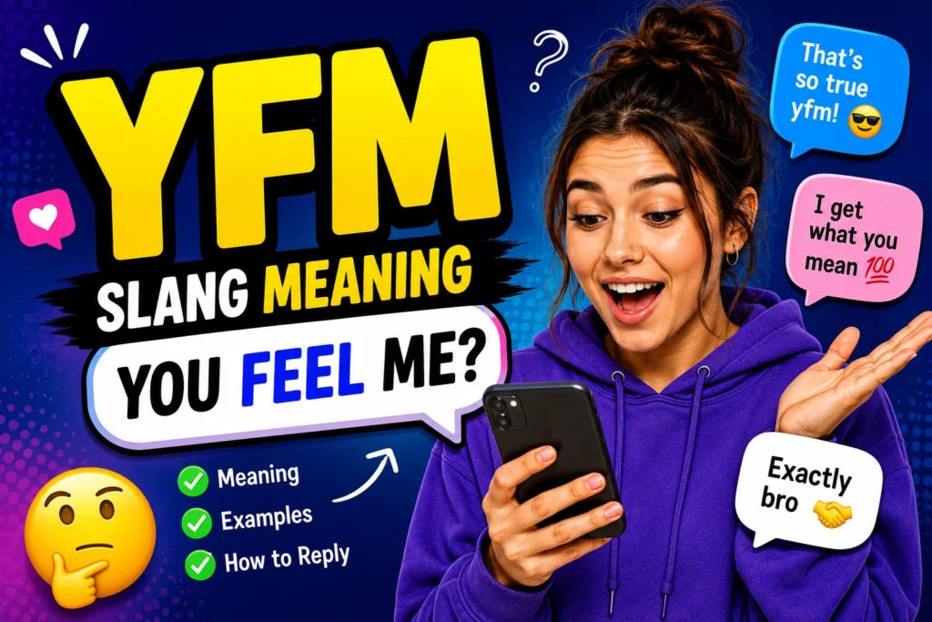 “Colorful featured image explaining YFM slang meaning with bold yellow ‘YFM’ text, a surprised young woman holding a smartphone, chat bubbles showing texting examples, emojis, and modern social media graphics representing internet slang and digital communication.”