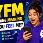 “Colorful featured image explaining YFM slang meaning with bold yellow ‘YFM’ text, a surprised young woman holding a smartphone, chat bubbles showing texting examples, emojis, and modern social media graphics representing internet slang and digital communication.”