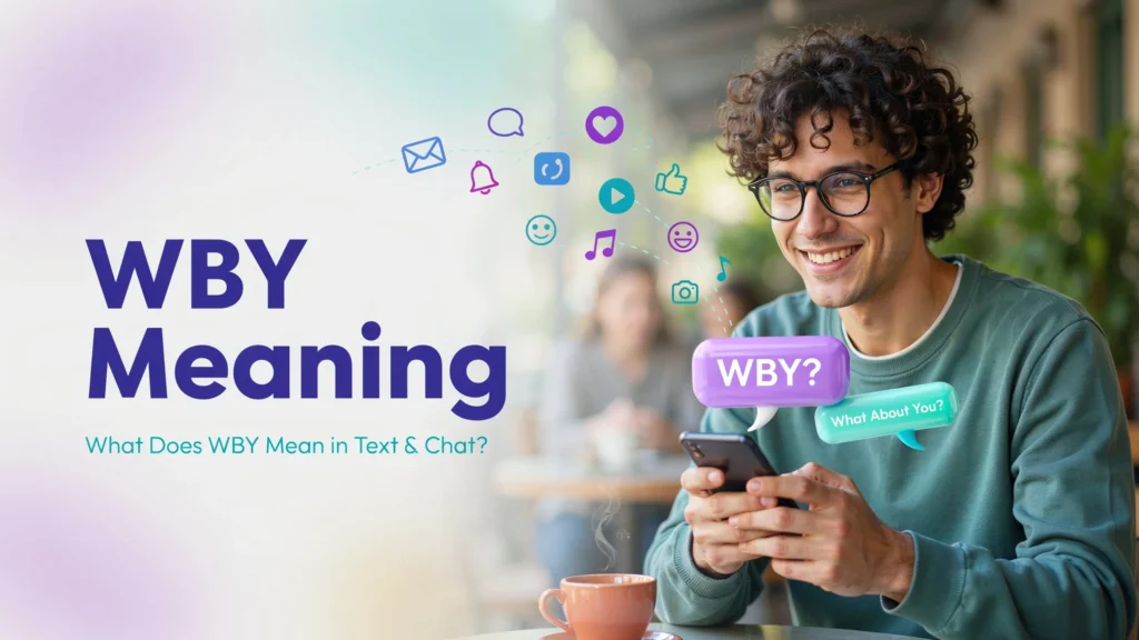 Smiling young man holding a smartphone in a café while chatting online, with colorful social media icons and message bubbles showing “WBY?” and “What About You?” beside the title “WBY Meaning – What Does WBY Mean in Text & Chat?”.