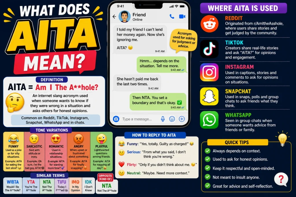 A colorful infographic explaining the meaning of AITA (“Am I The A**hole?”) in internet slang, featuring a smartphone chat example, definition panel, social media platforms like Reddit, TikTok, Instagram, Snapchat, and WhatsApp, tone variations, reply examples, related slang terms, and tips for using AITA in online conversations.