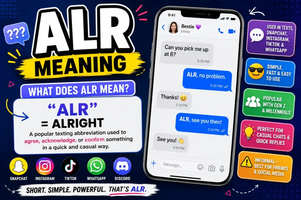 ALR meaning infographic showing that ALR stands for “alright” in text messages and social media chats, with examples of ALR used on Snapchat, Instagram, TikTok, WhatsApp, and Discord as a casual texting abbreviation for agreement, acknowledgment, and quick replies.