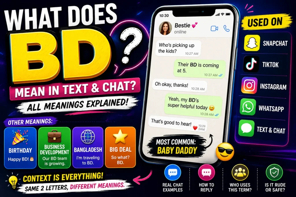 "Featured image explaining the BD meaning in text, highlighting Baby Daddy as the primary slang meaning along with other definitions like Birthday, Business Development, and Bangladesh for Snapchat, TikTok, Instagram, WhatsApp, and texting."
