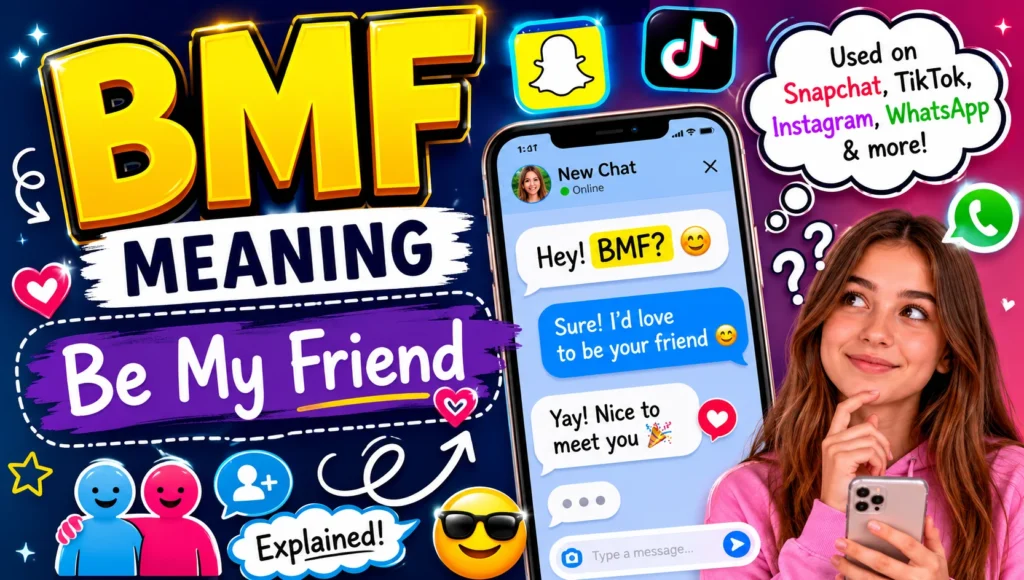 Colorful featured image explaining the meaning of BMF (“Be My Friend”) in text messages and social media. The design features large BMF lettering, a smartphone showing a chat conversation, friendship-themed icons, and social media platform symbols including Snapchat, TikTok, Instagram, and WhatsApp, highlighting how BMF is used online to make new friends and connect with others.