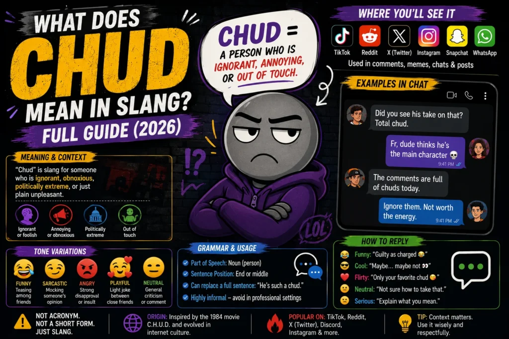 Illustration explaining the slang term “Chud” with a skeptical cartoon character in a hoodie, showing its meaning as an annoying, ignorant, or out-of-touch person, plus examples, tone variations, social media usage, and chat responses for TikTok, Reddit, Instagram, Snapchat, and X.