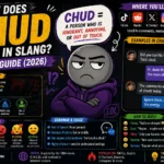 Illustration explaining the slang term “Chud” with a skeptical cartoon character in a hoodie, showing its meaning as an annoying, ignorant, or out-of-touch person, plus examples, tone variations, social media usage, and chat responses for TikTok, Reddit, Instagram, Snapchat, and X.