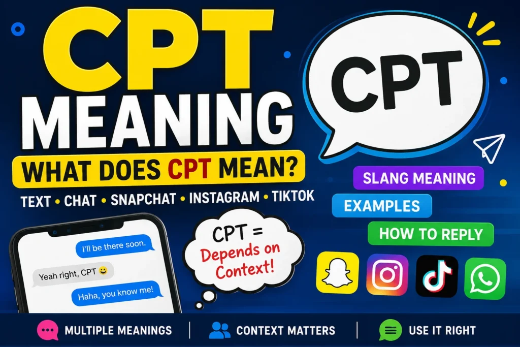 CPT Meaning featured image showing the phrase "What Does CPT Mean?" with chat bubbles, texting examples, and social media icons for Snapchat, Instagram, TikTok, and WhatsApp, explaining CPT slang meaning, chat usage, examples, and how to reply.