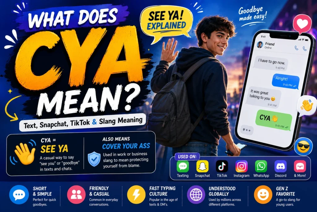 Featured image for "CYA Meaning: What Does CYA Mean in Text, Snapchat, TikTok & Slang?" showing a young man waving goodbye while holding a smartphone, alongside a large chat screen displaying the message "CYA." The image explains that CYA commonly means "See Ya" in texting and can also mean "Cover Your Ass" in workplace slang. Colorful social media and messaging icons represent platforms like Snapchat, TikTok, Instagram, WhatsApp, Discord, and texting apps, highlighting the abbreviation's use in digital communication and internet slang culture.