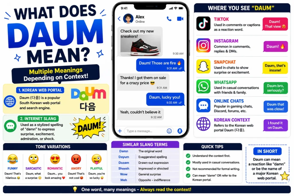 Illustrated infographic explaining the meaning of “Daum” with multiple interpretations, including the Korean web portal Daum and internet slang usage. The image features a smartphone chat conversation, social media platform icons (TikTok, Instagram, Snapchat, WhatsApp), tone variations, comparison terms, and visual examples showing how “Daum” is used in text messages, online chats, and digital communication.