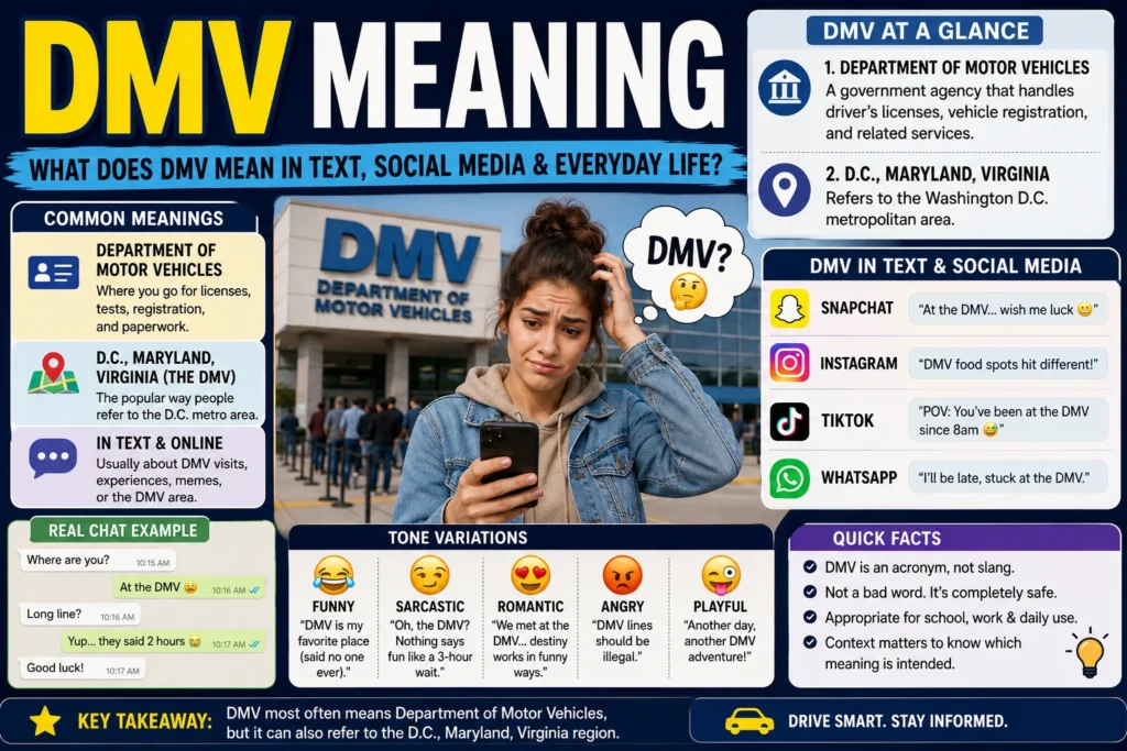 DMV meaning infographic showing a confused young woman using her phone in front of a Department of Motor Vehicles building, explaining that DMV commonly means “Department of Motor Vehicles” and can also refer to the Washington D.C., Maryland, and Virginia region, with examples from text messages, Snapchat, Instagram, TikTok, and WhatsApp.