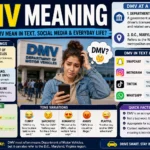 DMV meaning infographic showing a confused young woman using her phone in front of a Department of Motor Vehicles building, explaining that DMV commonly means “Department of Motor Vehicles” and can also refer to the Washington D.C., Maryland, and Virginia region, with examples from text messages, Snapchat, Instagram, TikTok, and WhatsApp.