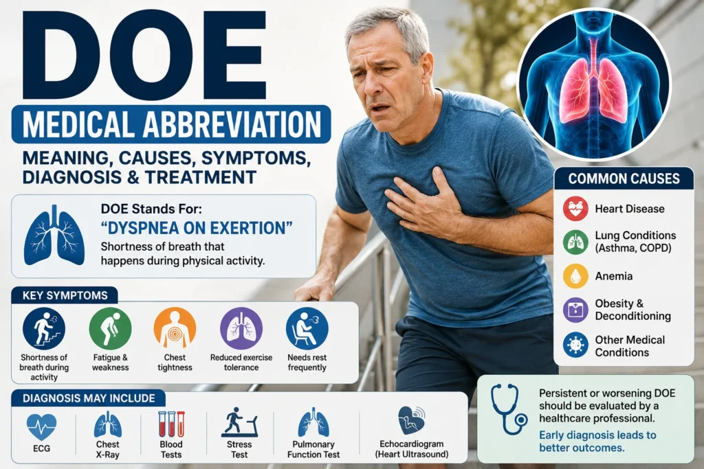 DOE medical abbreviation infographic explaining that DOE stands for Dyspnea on Exertion, showing its meaning, common causes, symptoms, diagnosis, and treatment with medical illustrations and a patient experiencing shortness of breath during physical activity.