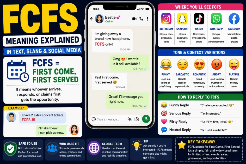 FCFS meaning explained infographic showing a smartphone text conversation, the definition “First Come, First Served,” social media platforms where FCFS is used, tone variations, reply examples, and tips for understanding FCFS in texting, online sales, giveaways, and social media communication.