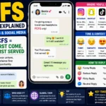 FCFS meaning explained infographic showing a smartphone text conversation, the definition “First Come, First Served,” social media platforms where FCFS is used, tone variations, reply examples, and tips for understanding FCFS in texting, online sales, giveaways, and social media communication.