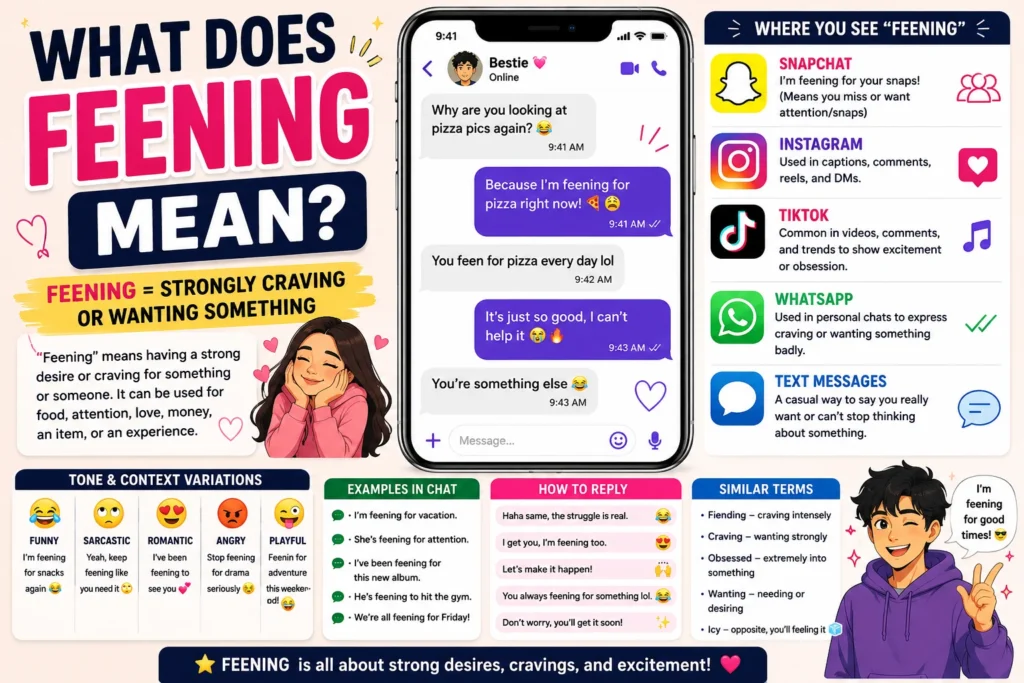 Colorful infographic explaining the meaning of “feening” in slang, featuring a smartphone chat example, social media icons, tone variations, texting examples, reply suggestions, and illustrations showing that “feening” means strongly craving or wanting something.