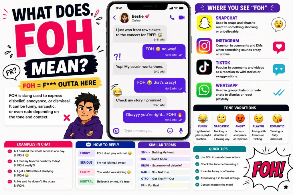 Colorful infographic explaining the meaning of “FOH” in text messages and social media, featuring a smartphone chat conversation, Snapchat, Instagram, TikTok, and WhatsApp icons, tone variations, reply examples, and slang definitions for casual online communication.