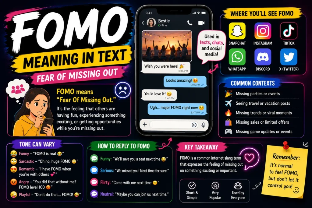 Illustration showing a person looking at a smartphone while seeing friends enjoying an event on social media, representing FOMO (Fear of Missing Out) in text messaging, social media, and online communication.