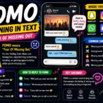 Illustration showing a person looking at a smartphone while seeing friends enjoying an event on social media, representing FOMO (Fear of Missing Out) in text messaging, social media, and online communication.